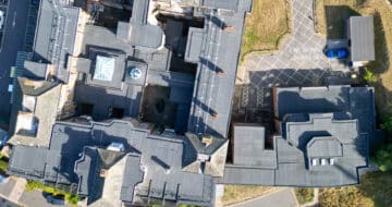 A birdseye view of the refurbished bituminous membrane warm roof system at memorial hospital