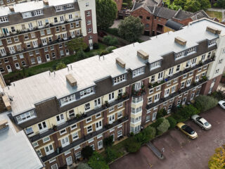 Aerial view of the Dura-Coat restoration project at Riverside Mansions