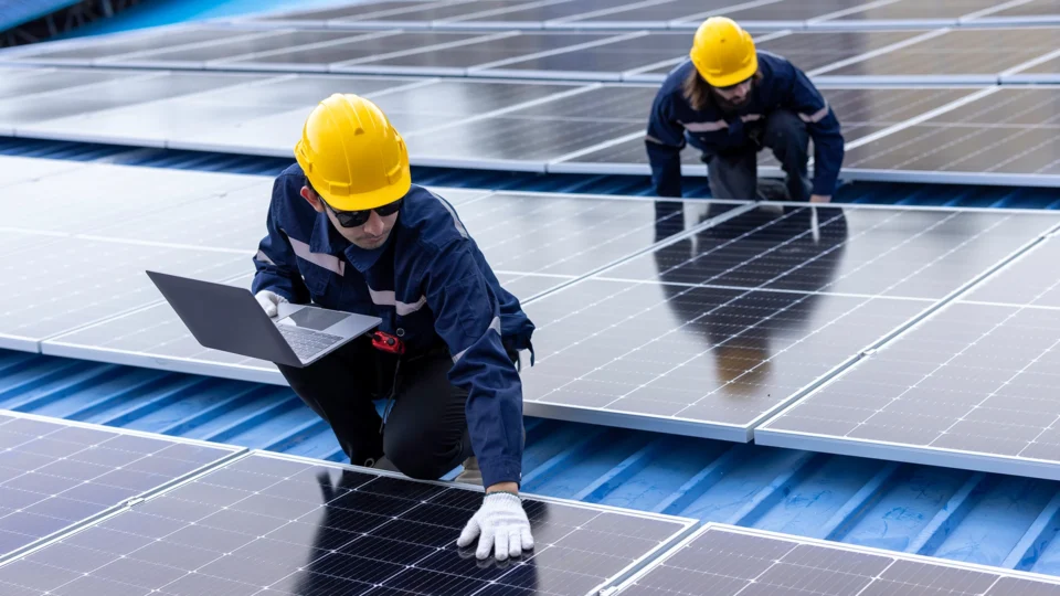 Solar panel technicians inspecting rooftop photovoltaic system installation
