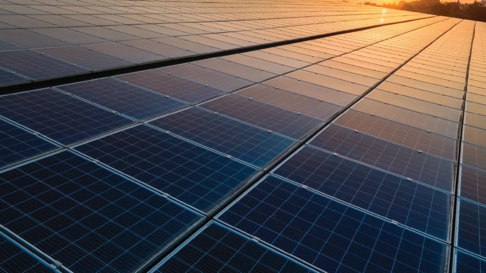 Solar panels on industrial roof at sunset with golden light