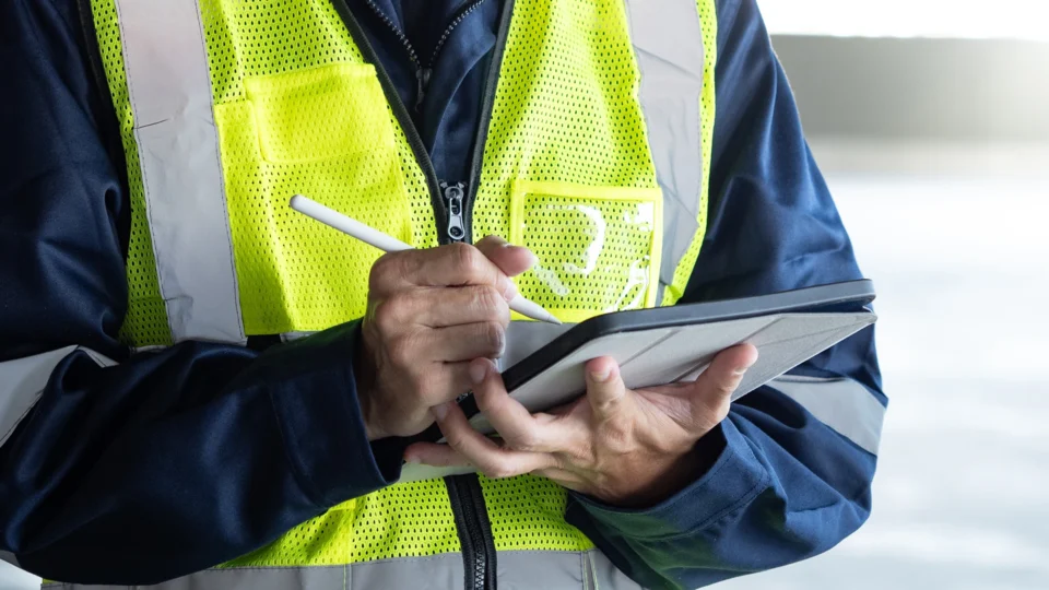 Construction worker in safety vest holding clipboard with pencil