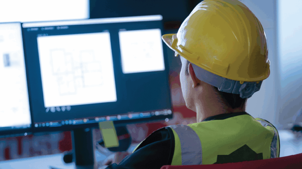 Construction worker wearing safety helmet viewing technical specifications on computer monitors