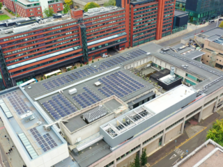 Aerial view of the Garland UK roof refurbishment project at RNCM, featuring the StressPly Flex Plus system
