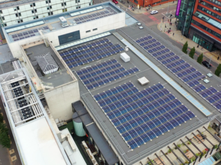 Roof refurbishment project at RNCM, overseen by Garland UK. Aerial view of the StressPly Flex Plus bituminous membrane system