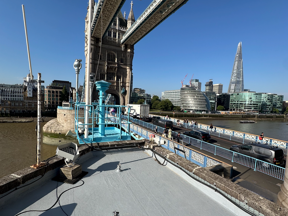 Garland UK completed sensitive roof restoration works at Tower Bridge ticket office using cold-applied Dura-Coat roofing system.