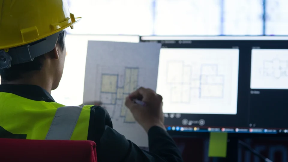 Construction worker in safety helmet reviewing architectural blueprints on computer monitor