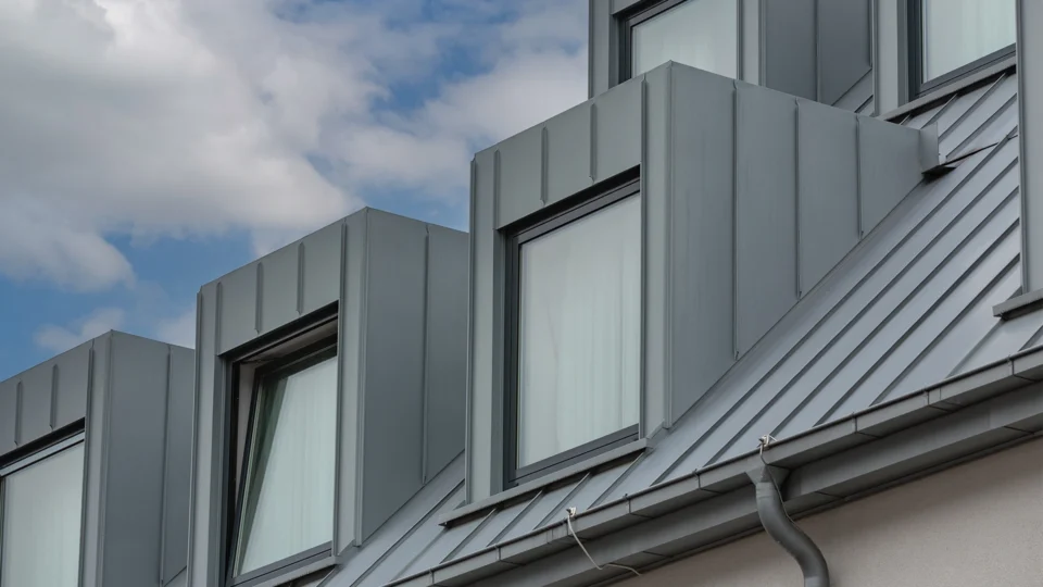 Modern metal roof with dormer windows and guttering system