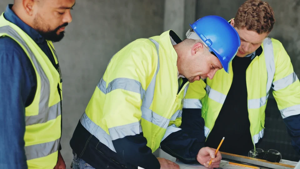 Construction workers in safety vests reviewing blueprints on site