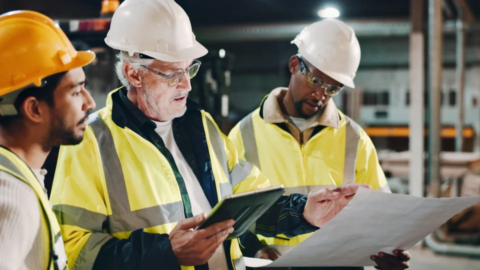 Construction workers reviewing blueprints and tablet at night site