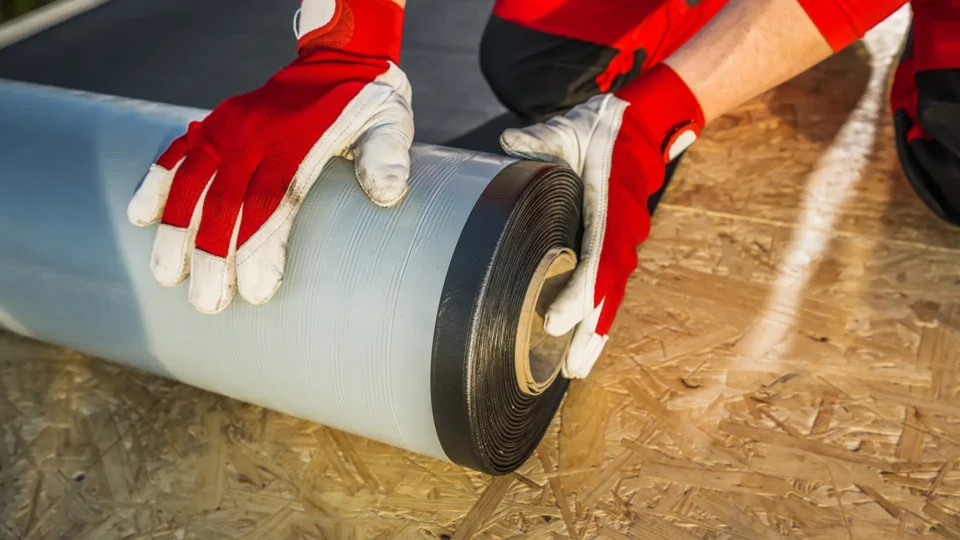 Worker applying white and black flexible tape to wooden surface