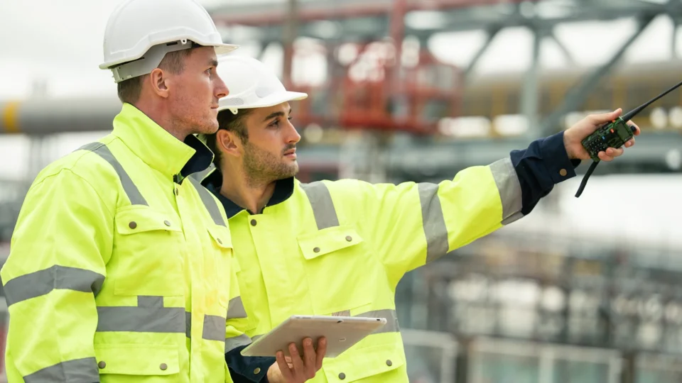 Two construction workers in safety vests communicating at industrial site