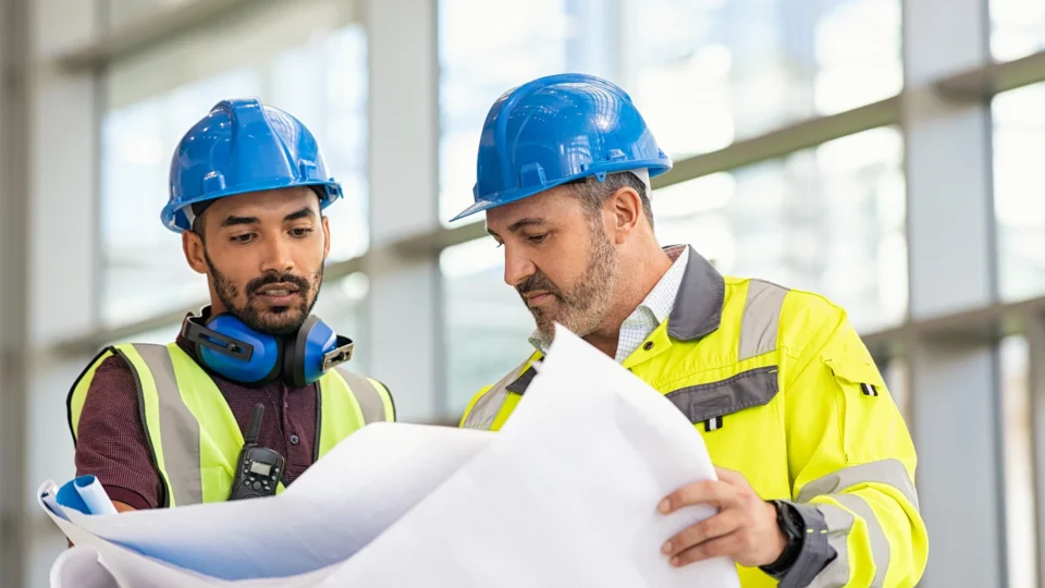 Two construction workers reviewing blueprints on building site