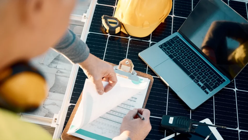Engineer reviewing solar panel project specifications on clipboard with laptop