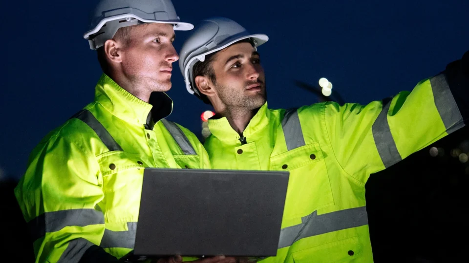 Two construction workers in safety gear reviewing laptop at night site.