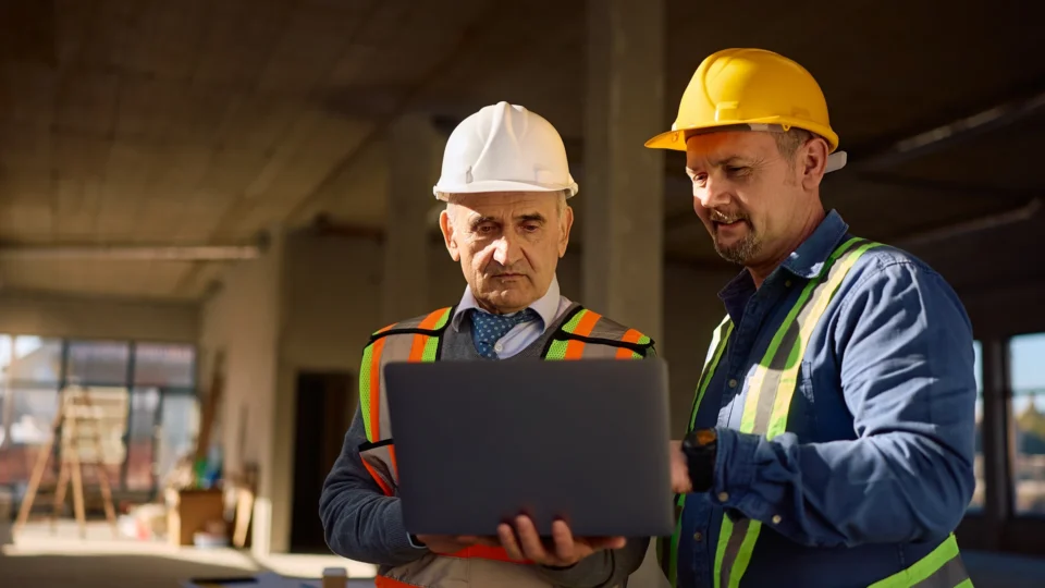 Two construction workers reviewing building plans on laptop at job site