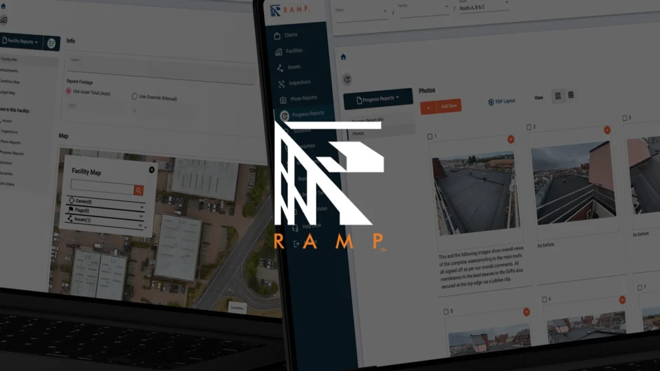 RAMP facility management software interface displaying facility maps and photo reports