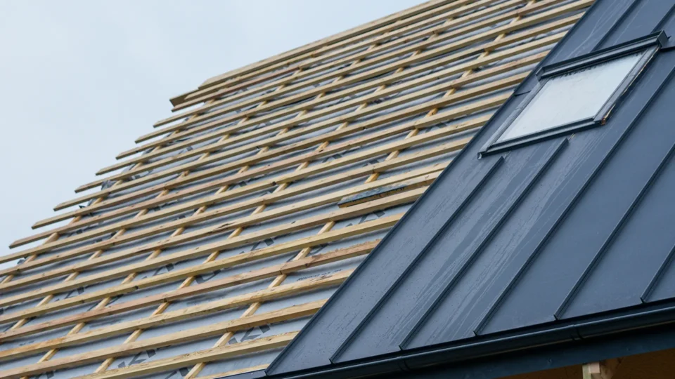 Roof framing with wooden rafters and dark metal roofing installation in progress