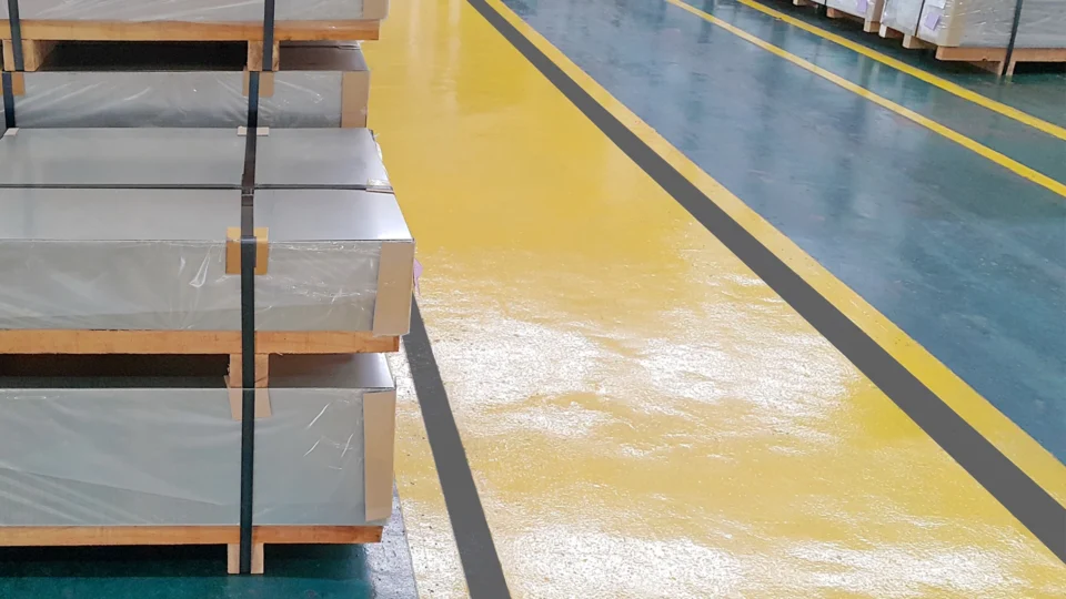 Industrial warehouse floor with yellow safety stripe and stacked metal sheets