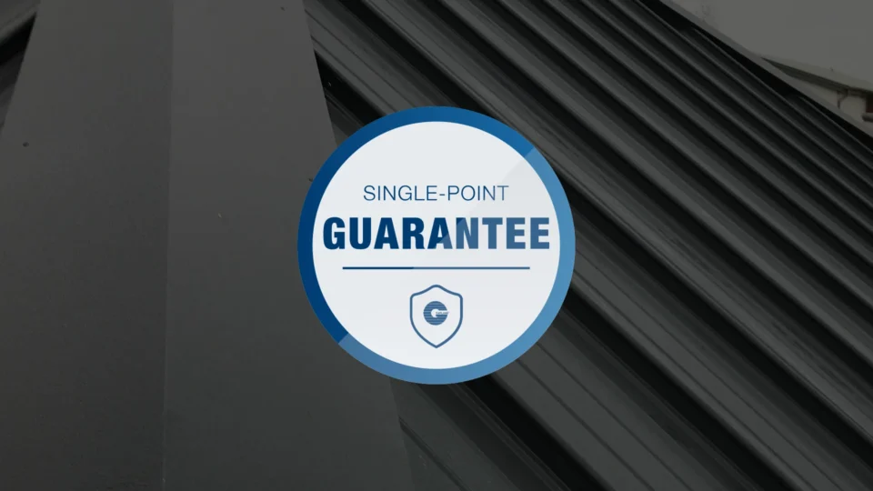 Single-point guarantee badge with blue shield icon design