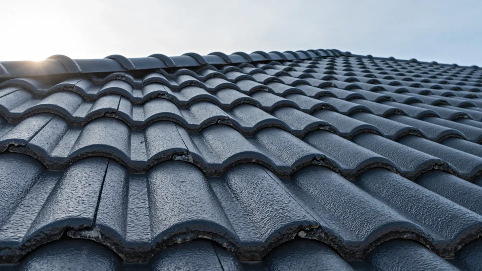 Close-up view of curved clay roof tiles in rows with textured surface