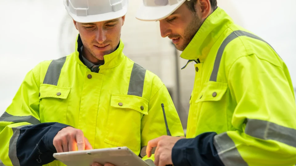 Two construction workers reviewing tablet together on job site