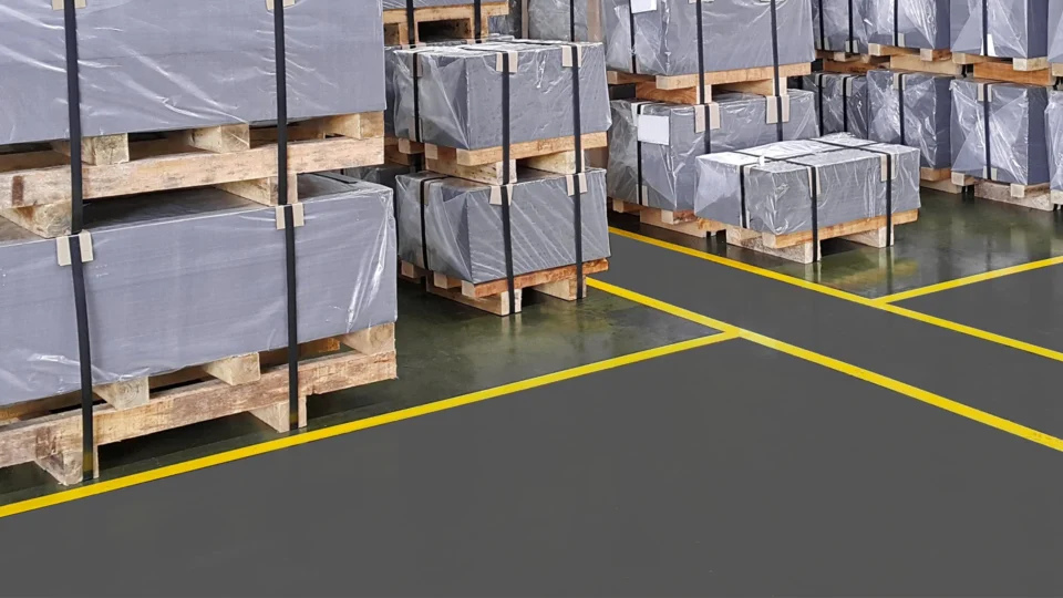 Warehouse storage with plastic-wrapped pallets and yellow floor markings