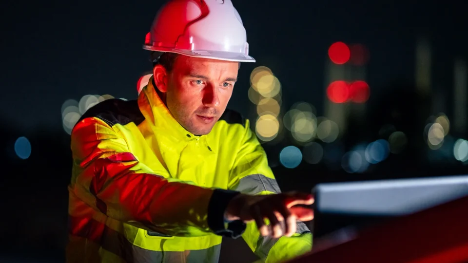Construction worker in safety gear examining blueprints at night