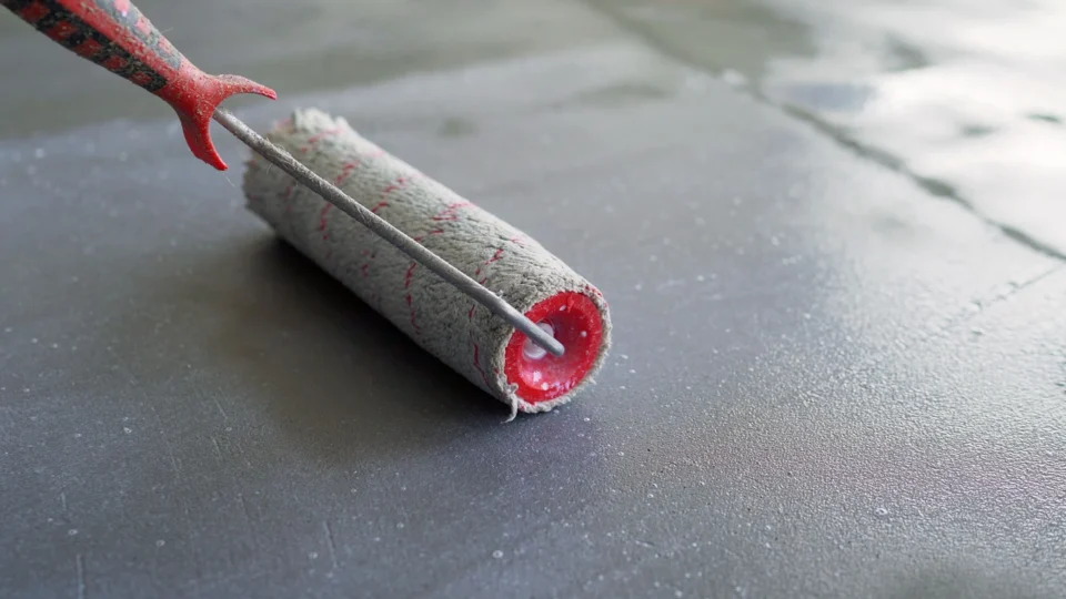 Paint roller with red cover on gray textured surface