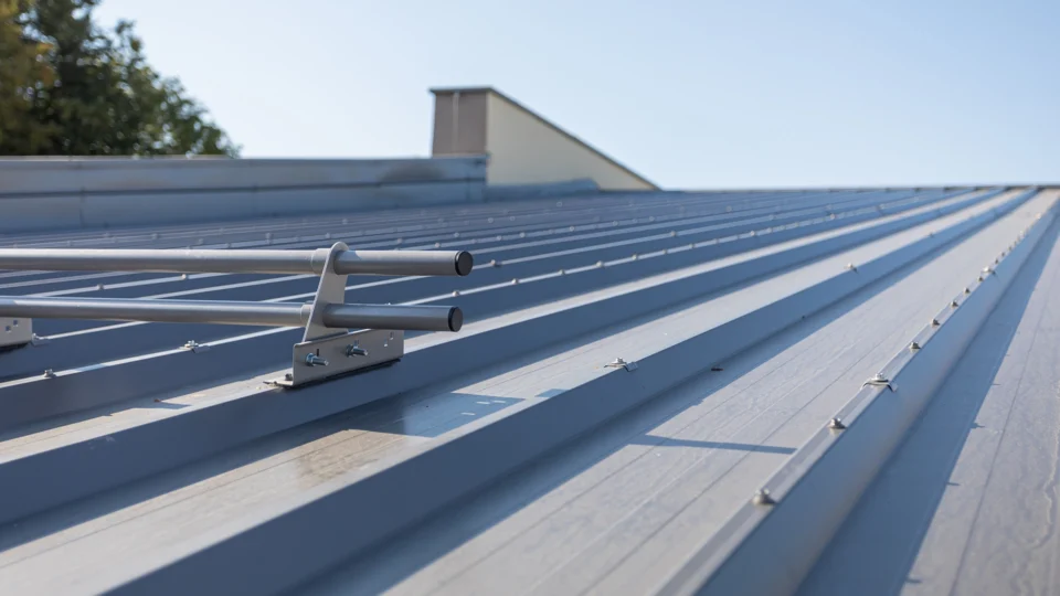 Metal roof rails and clamps installed on corrugated metal roofing system