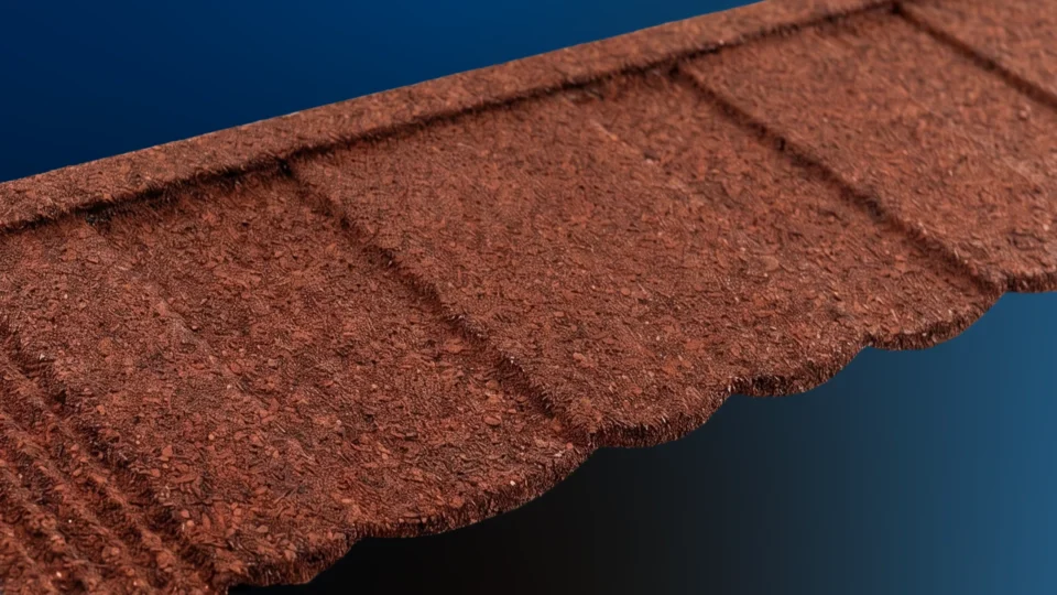 Close-up of terracotta tile shingle texture against blue background