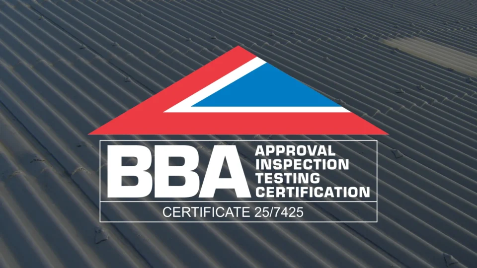 BBA approval inspection testing certification badge on corrugated metal roof
